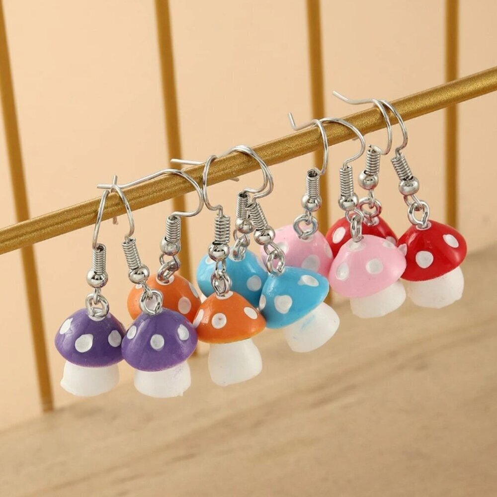 NEW 5 pairs of mushroom earrings, mushroom dangle earrings, stocking stuffer